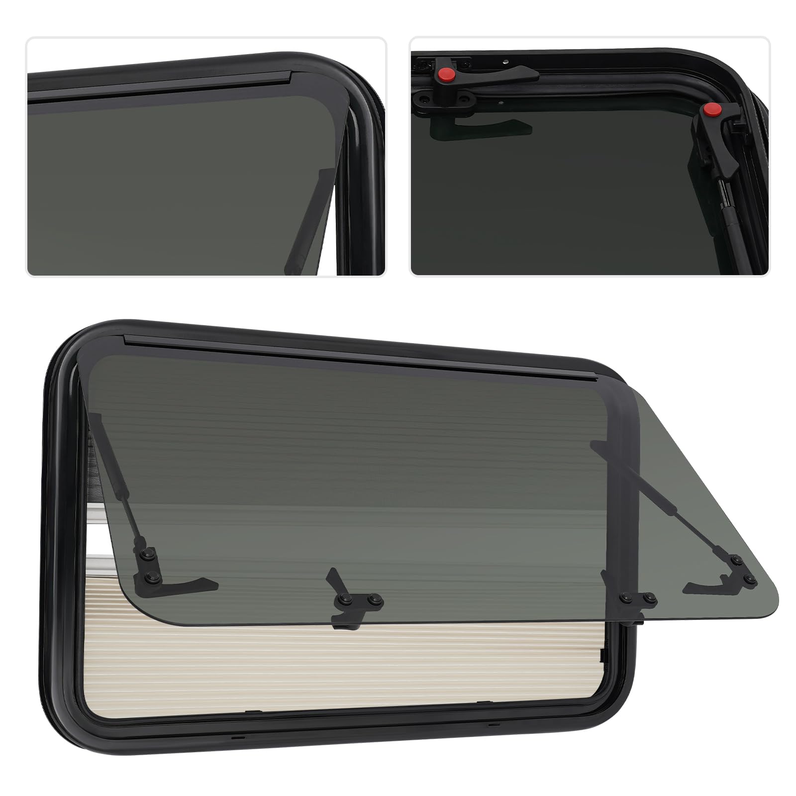 80 x 50 cm, otwierane na zewnątrz okno do kampera, kampera, z moskitierą i roletą, szkło hartowane, nadaje się do samochodów kempingowych, przyczep kempingowych i furgonetek