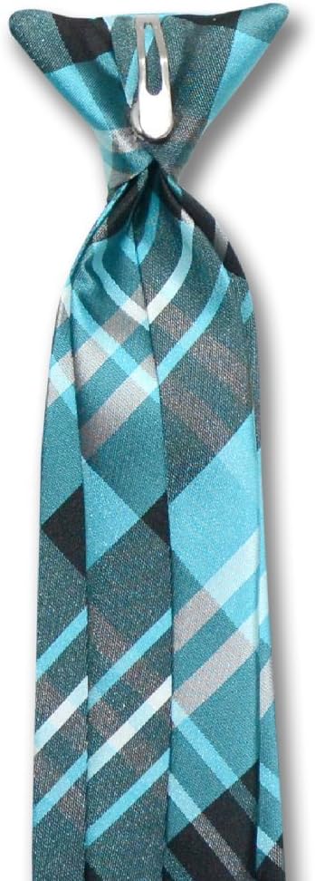 Vesuvio Napoli Boy's CLIP-ON NeckTie BLACK TURQUOISE WHITE PLAID Youth Neck Tie