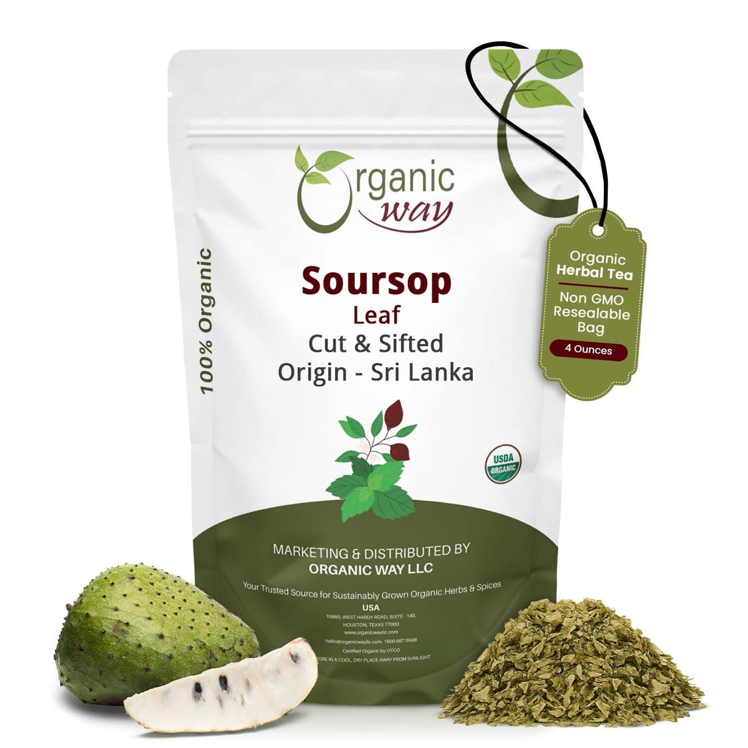 Organic Way Dried Soursop Leaf Coarse Cut (Annona Muricata) - Herbal Tea | Vegan, Non GMO & Gluten Free | Kosher Certified & Resealable Bag | 100% Raw from Sri Lanka (4 Ounces)