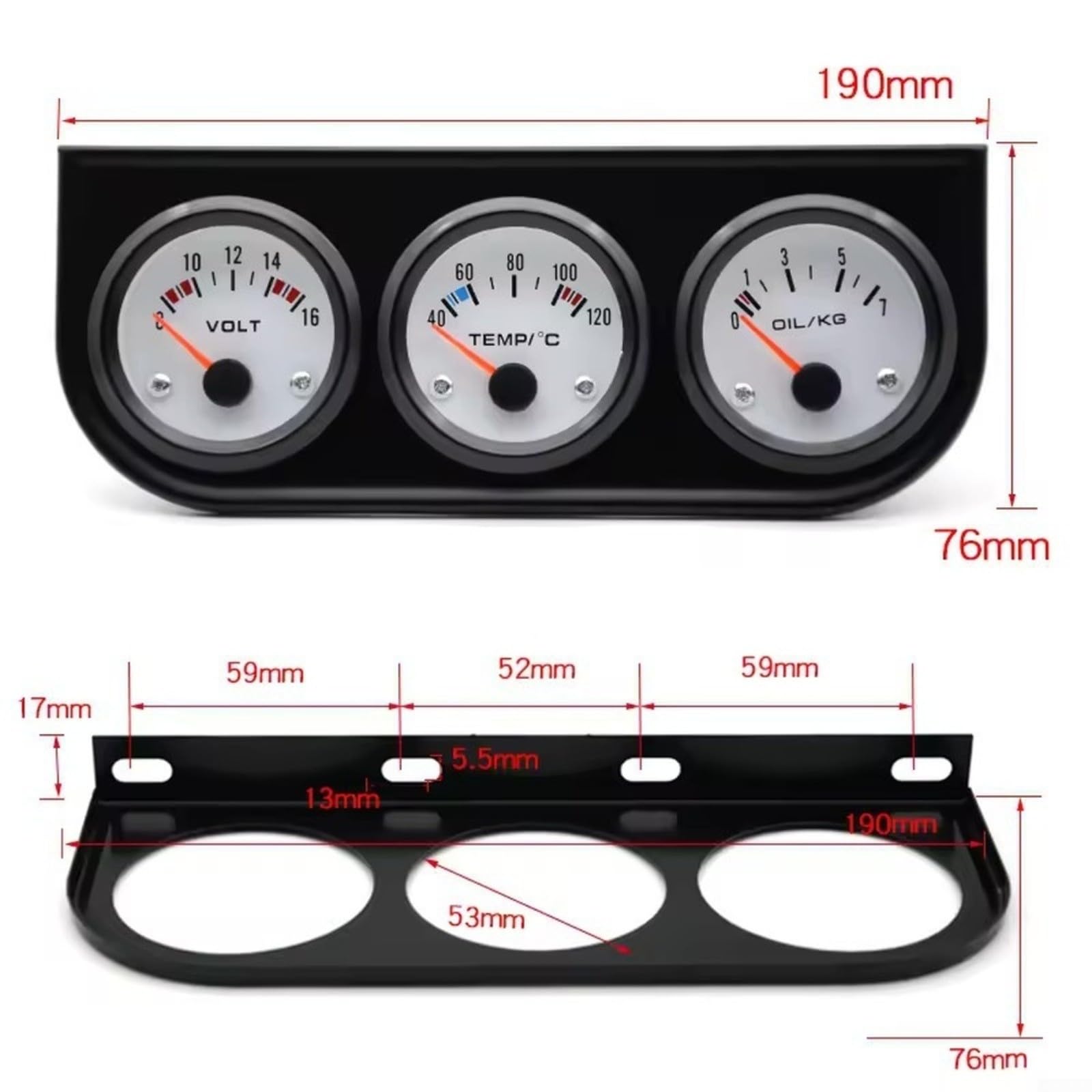 Juego de calibre 3 en 1 para coche, 52 mm, voltaje de aceite, temperatura del agua, voltímetro, instrumento combinado para coches, camiones, 12 V, carcasa de ABS, color blanco y negro, montaje (B)