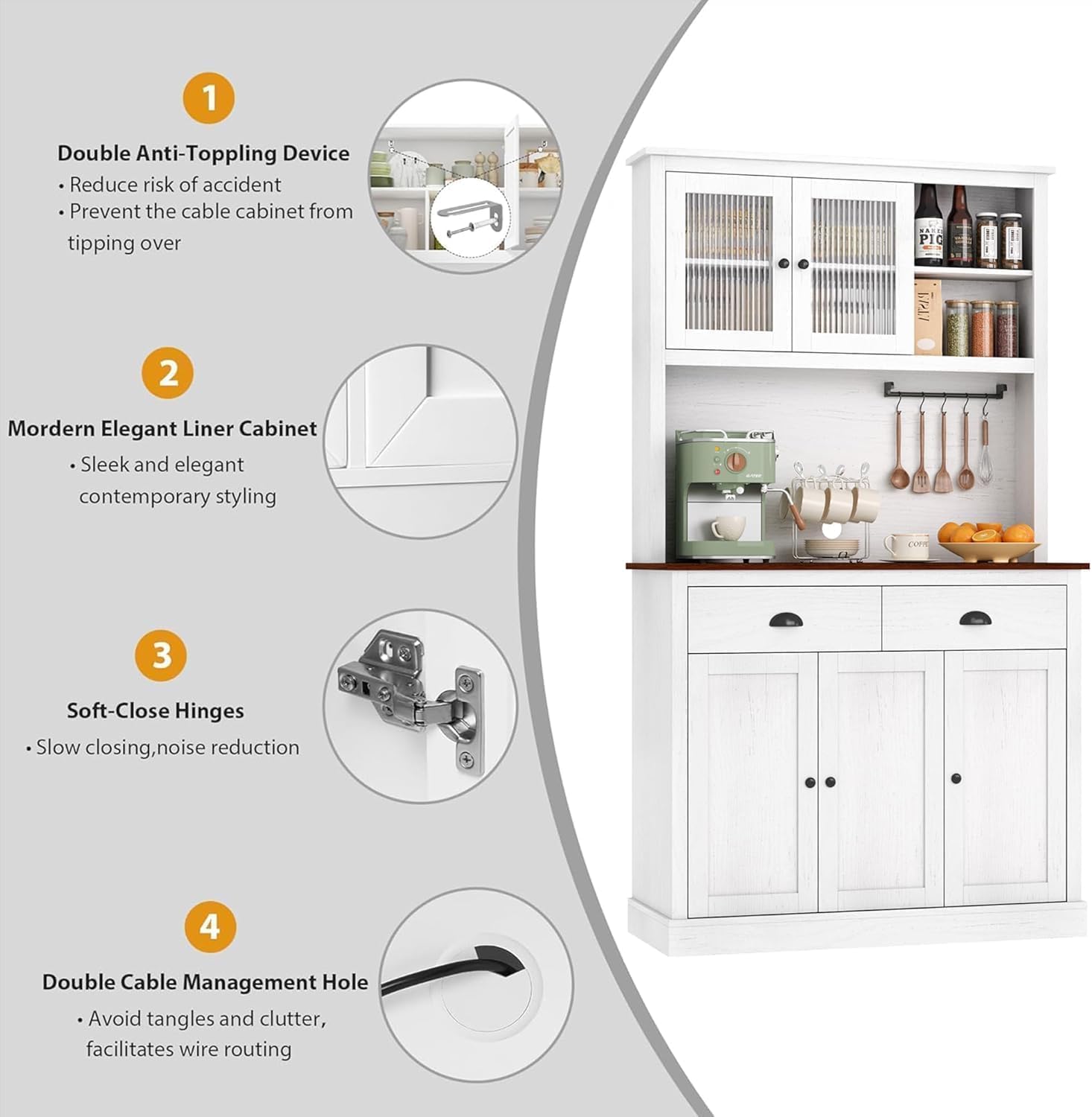 Moderner Küchenschrank, 180 cm – 5 Türen, 2 Schubladen, Vitrine – verstellbare Regale – ideal für Küche und Esszimmer – Washed White