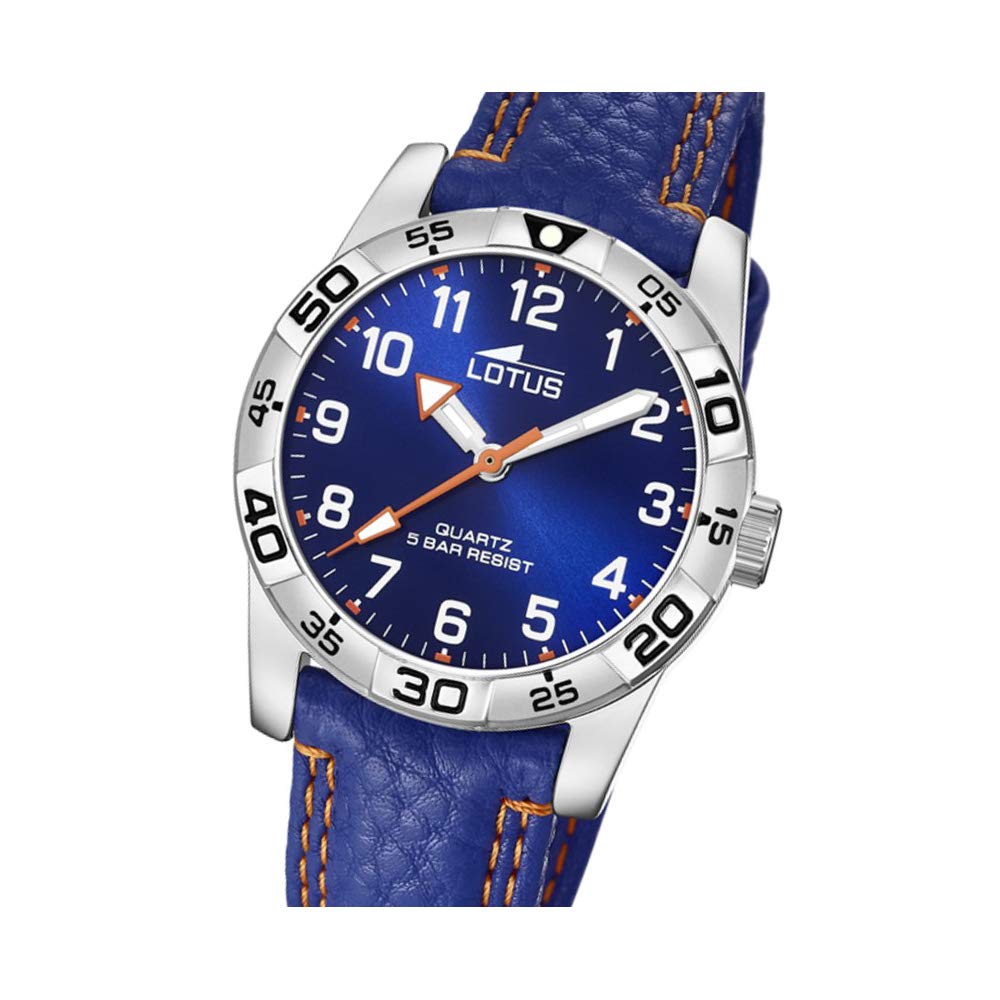 Lotus Jungenuhr Analog aus Edelstahl und Leder Blau