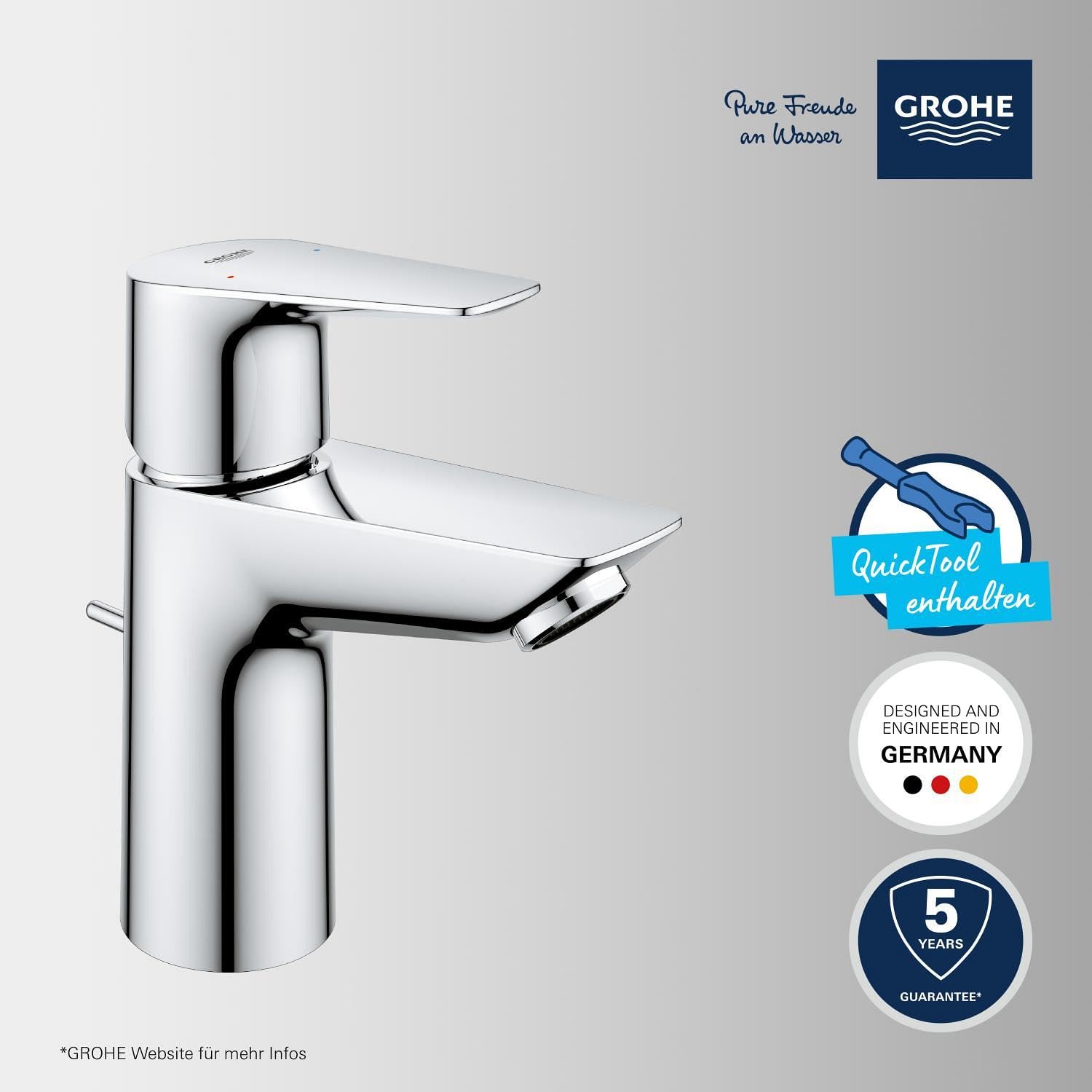 GROHE StartEdge- Einhand- Waschtischarmatur (wassersparend, S- Size, schnelle Montage, flexibler Anschluss), chrom, 24196001