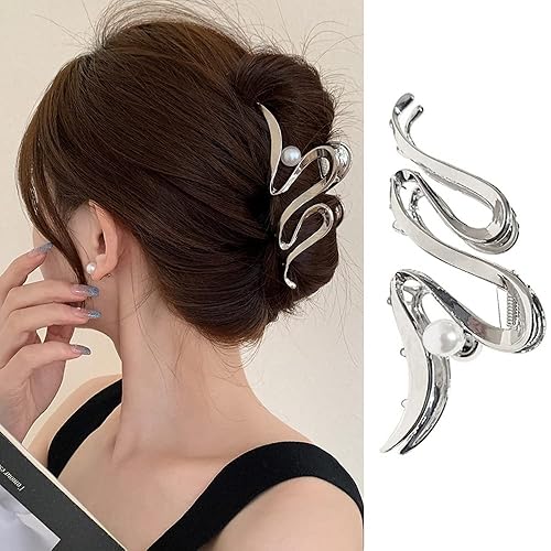 Miniatura 7 de Pinzas grandes plateadas para el cabello, pinzas de metal para el cabello con diseño de perlas blancas, antideslizantes, estilo de moda, accesorios