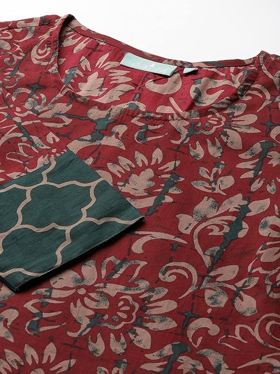 Image of idaLia Pure Cotton Kurta Set with Dupatta - Printed Kurta, Palazzo Pant & Dupatta, 3 /4 Sleeve, Round Neck, Calf Length Maroon