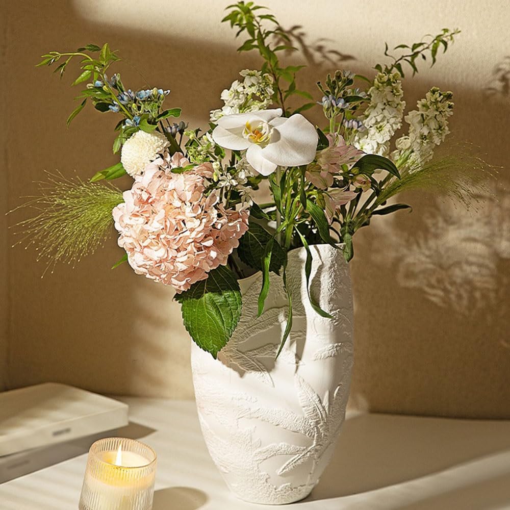 Jarrón de cerámica Jarrón de cerámica Blanca con Relieve Hojas, Adorno hidropónico for Flores Frescas Florero
