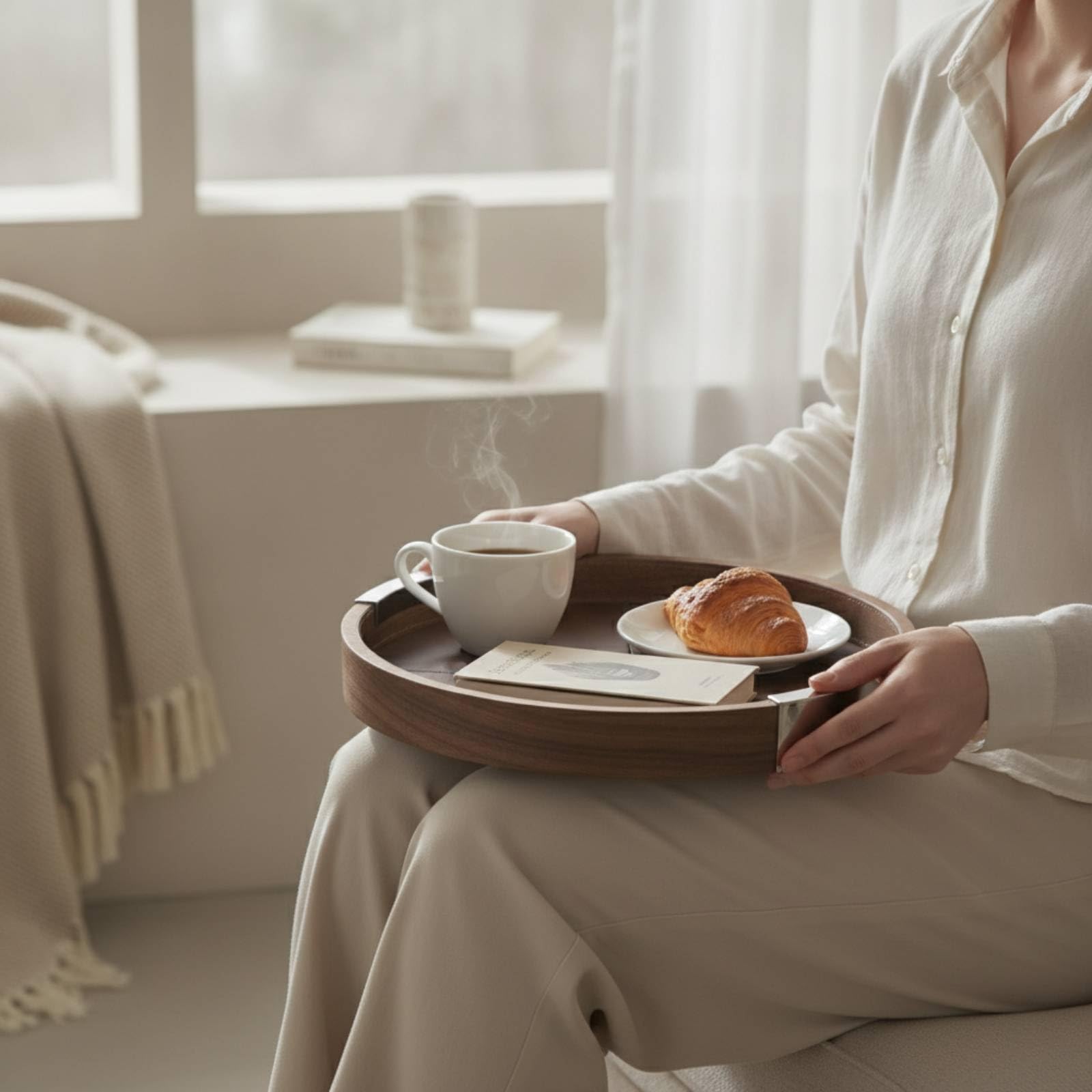 Bandeja Bandeja para Servir Bandeja de Madera Bandeja de Té Bandeja de Café con Estética Sobria y Contención de Líquidos Adecuada para Servicio de de, Grande, Rectangular De Nogal