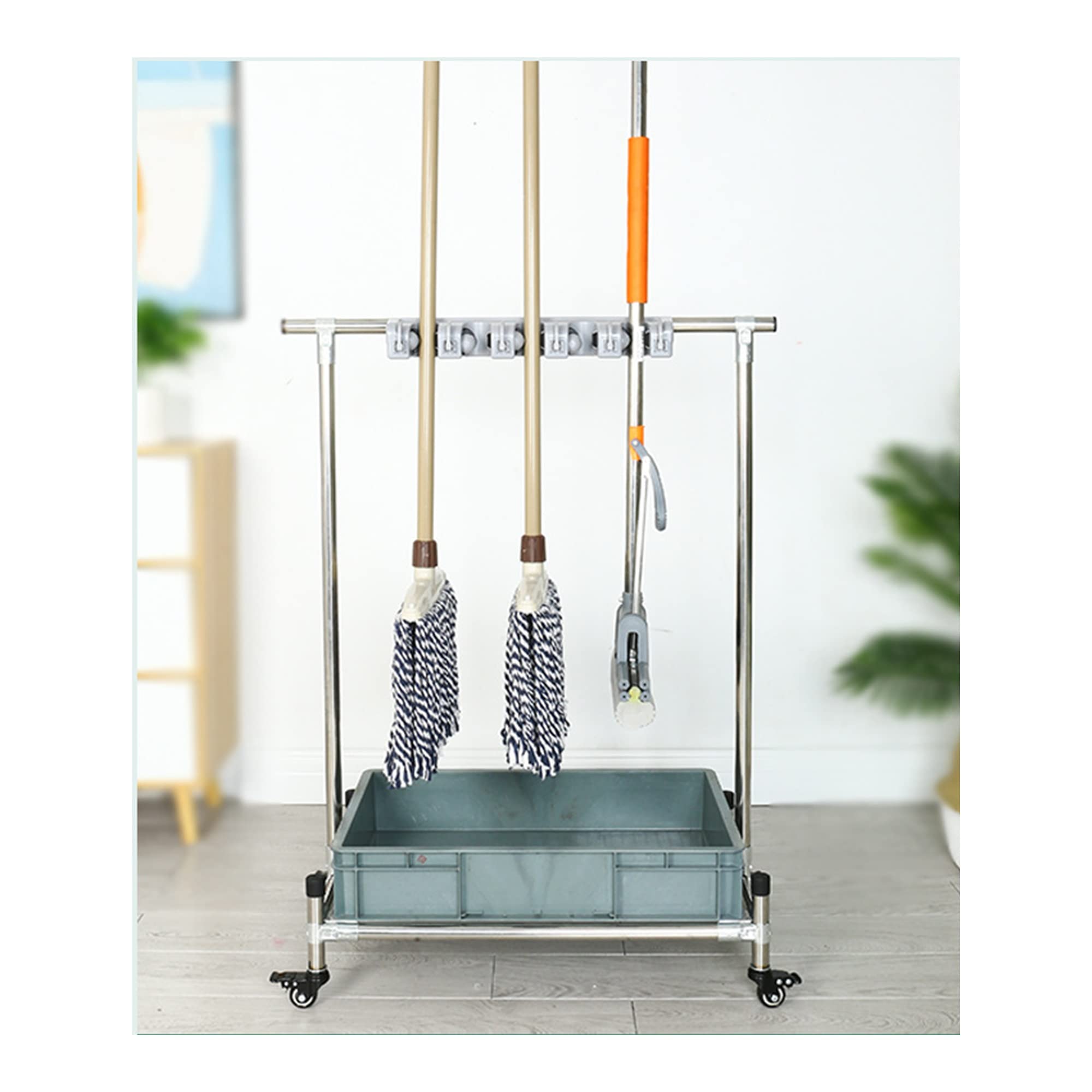 ASerZenith Movable Broom Mop Holder,Commercial Mop Rack, Cleaning Tool Cart,Housekeeping Supplies Organizer, Garden Tool Storage,Mop Drain Rack Can Put Wet Mops,With Gray(Grey-10Slots)