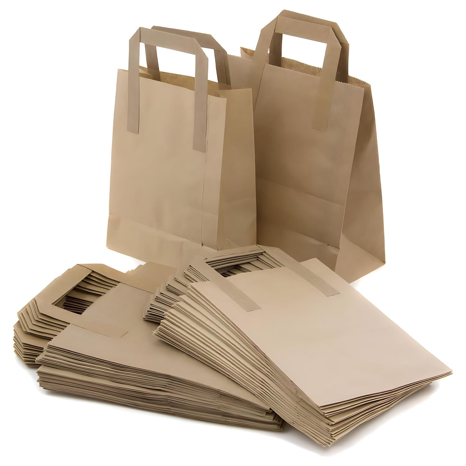 250 Takeaway Bags Brown Kraft Paper SOS Food Carrier Bags with Handles Eco Friendly Safe Party Takeaway Bar Restaurant Shopping Lunch Gift Picnic Durable & Biodegradable (SMALL (7" x 9" x 3.5"))