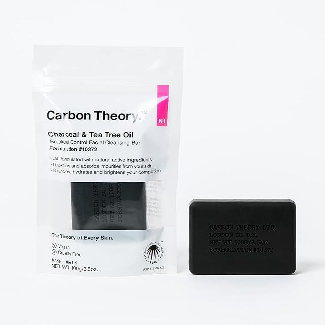 Carbon Theory | Breakout Control Facial Cleansing Soap Bar with Activated Charcoal & Organic Tea Tree Oil | Natural, Vegan, Cruelty Free | 100g