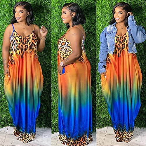 Image of BFFBABY Womens Summer Suspender Maxi Dress Plus Size Striped Printed Sleeveless with Pockets and Belt