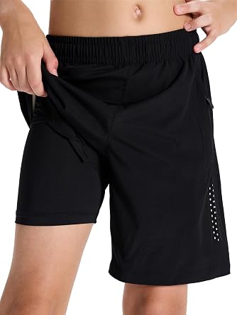 DEVOROPA Youth Boys 2 in 1 Athletic Running Shorts with Compression Liner Quick Dry Sports Gym Hiking Shorts Zip Pockets