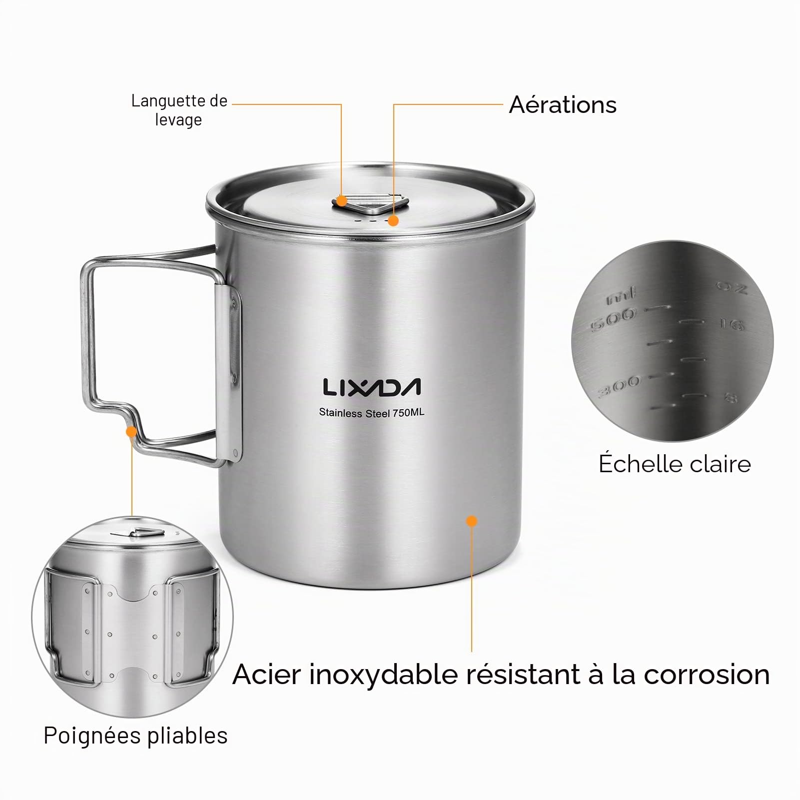 Lixada Tasse Camping Pot Ultralight à Piston Inoxydable avec Couvercle et Poignée Pliable pour Camping en Plein Air Randonnée Pédestre