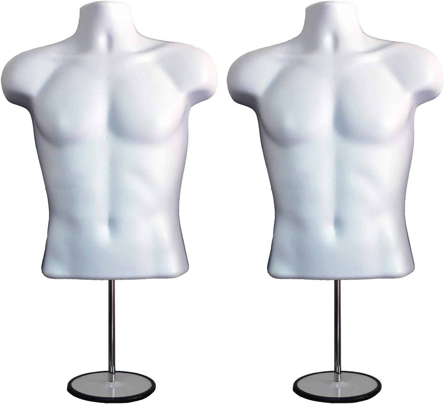 DisplayTown Male Mannequin Torso with Metal Stand Hollow Back Body Stackable Dress Form for Tshirt Display, Countertop, Craft Shows, Photos and Design, S-M Clothing Size (White, Set of 2)