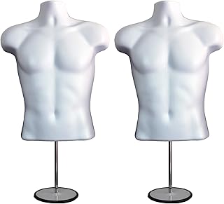 DisplayTown 2 Pack White Male Mannequin Torso with Stand Dress Form Tshirt Display Countertop Hollow Back Body with Metal Pole & Hanging Hook S-M Clothing Sizes