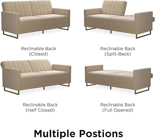 Miniatura 4 de Novogratz Skylar - Sofá cama futón en tela de terciopelo, sofá cama de 77 pulgadas con tapicería industrial moderna, patas de metal negro, marfil