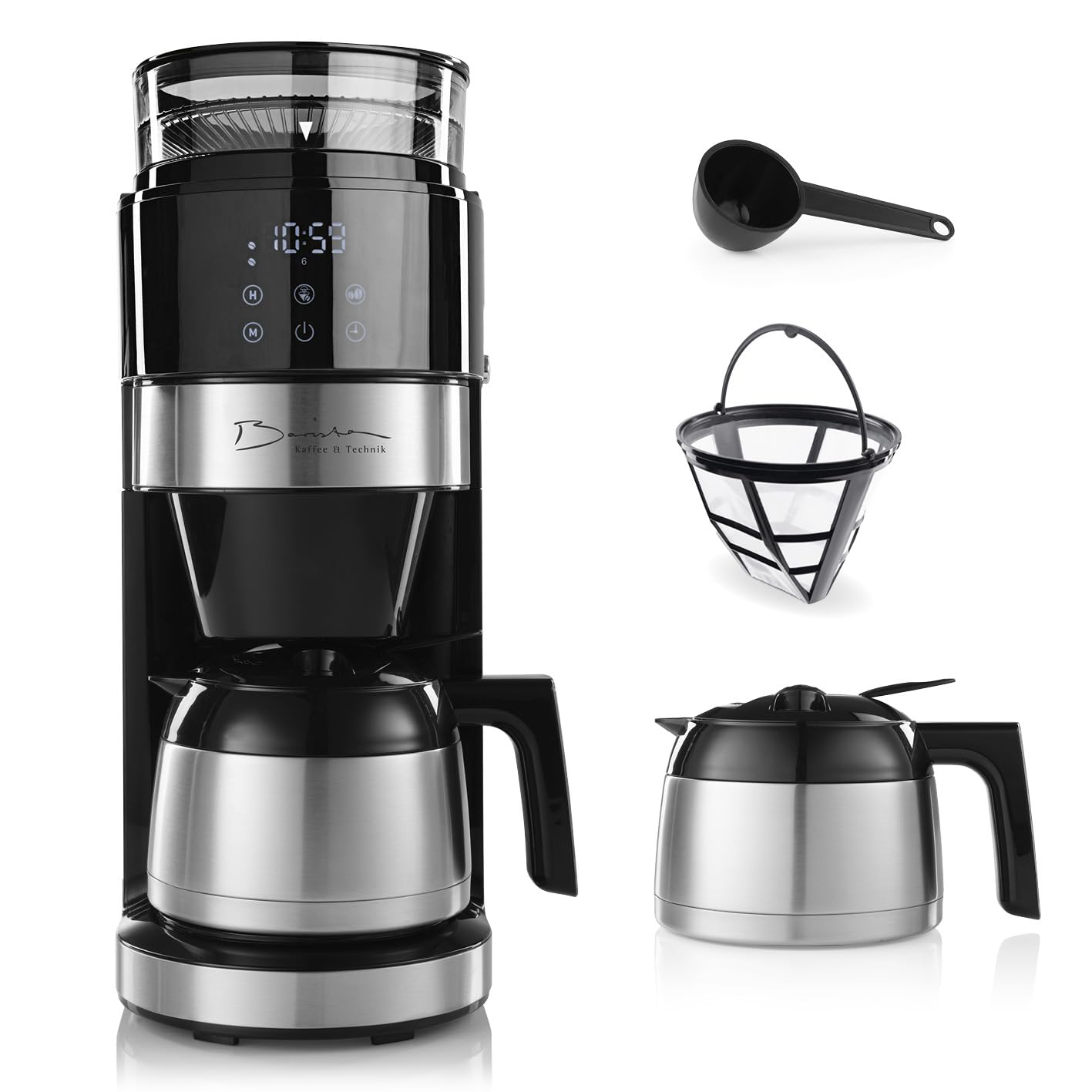 Barista - Macchina da caffè con display touch digitale, 800 W, con macina + caraffa termica