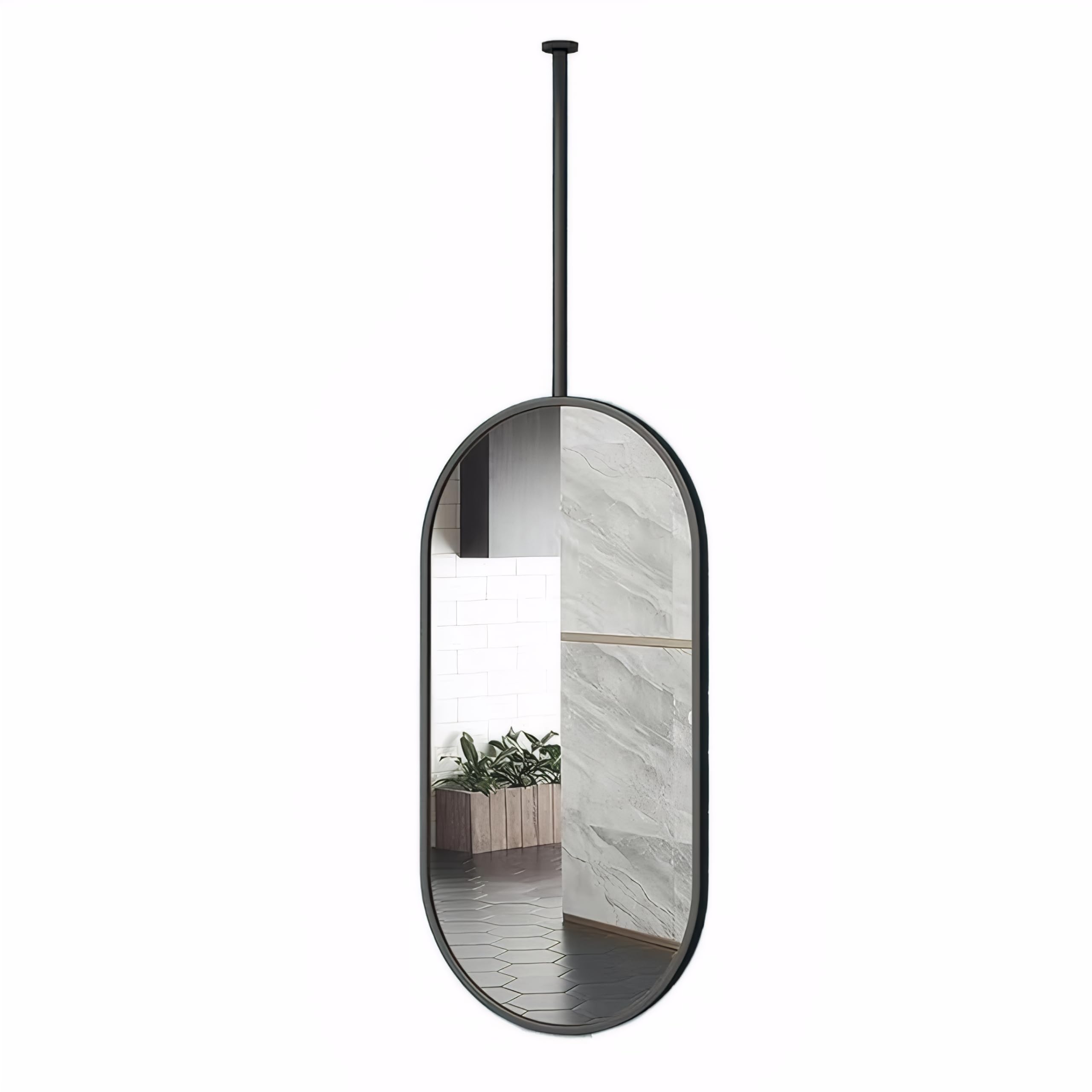 XQ-Gforward Black Metal Pole Ceiling Suspended Mirror, Wall Mounted Suspended Corridor Bathroom Mirror, Gold Oval Boom Mirror(Size:40 * 60CM,Color:Black)