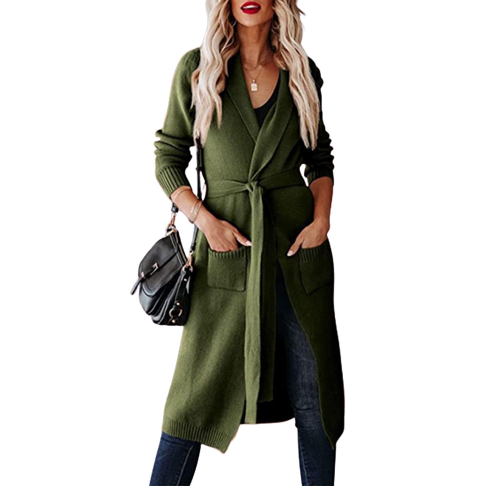 Cárdigan largo para mujer con cinturón, cuello en V, manga larga, informal, cómodo, cárdigan elegante, con frente abierto, cómodo abrigo de punto
