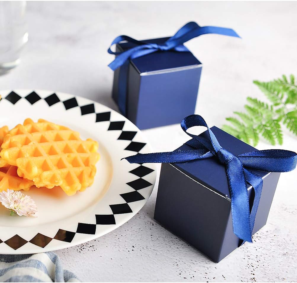 AWELL Navy Blue Gift Candy Box Bulk 2x2x2 inches with Blue Ribbon Party Favor Box,Pack of 50 - Image 3