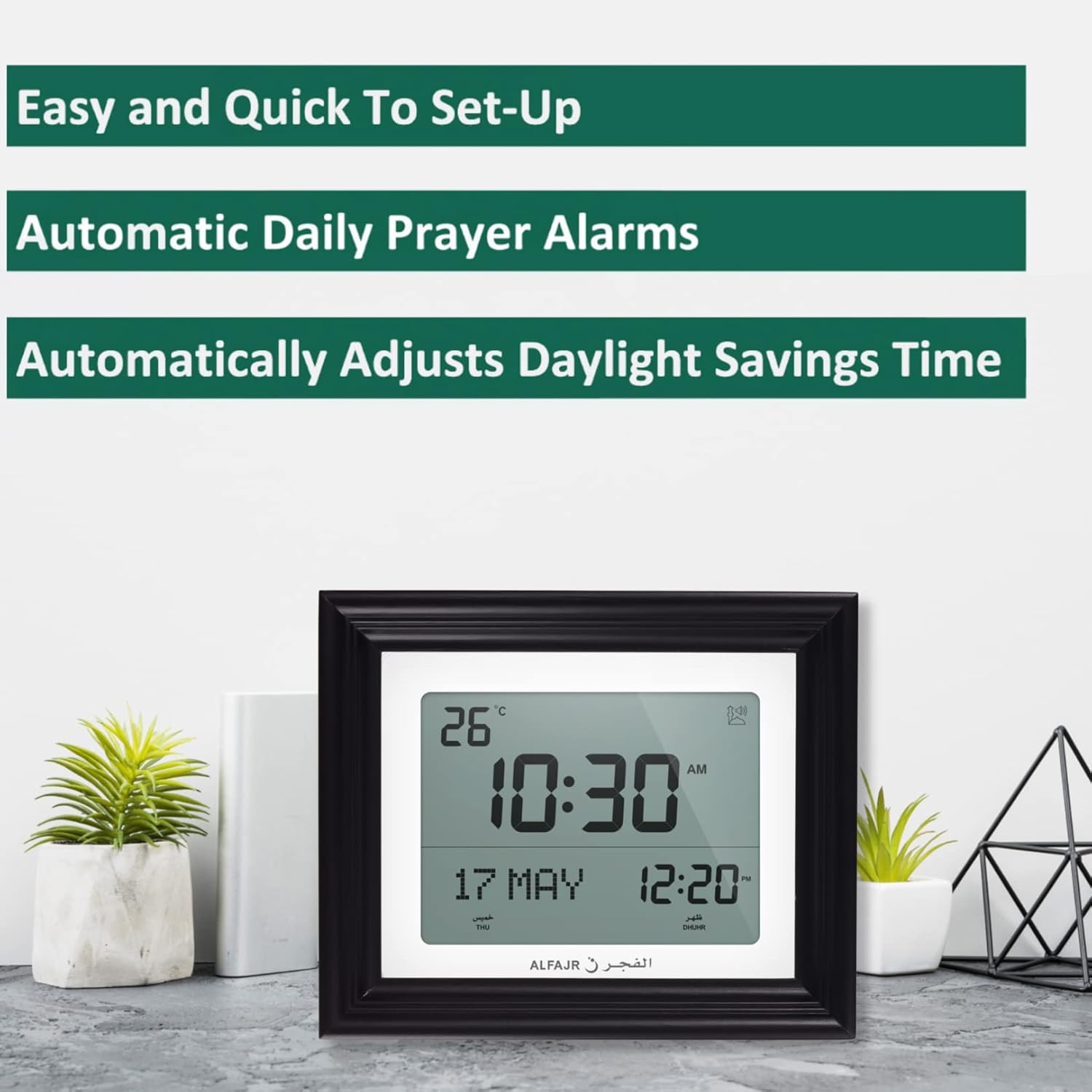ALFAJR Automatic Worldwide Digital Azan/Athan/Nimaz Prayer Wall and Desk White Clock CF-19 with Detachable Frame (Black)