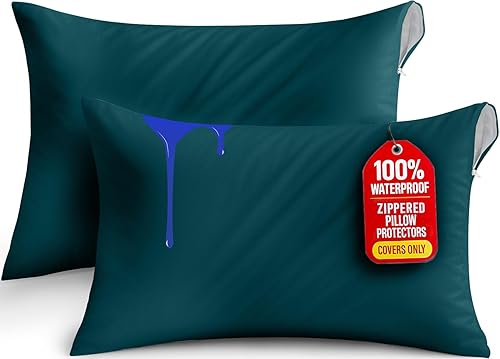 Utopia Bedding Protector de almohada impermeable, con cremallera, paquete de 2, verde azulado, King, funda de almohada a prueba de chinches, de 20 x