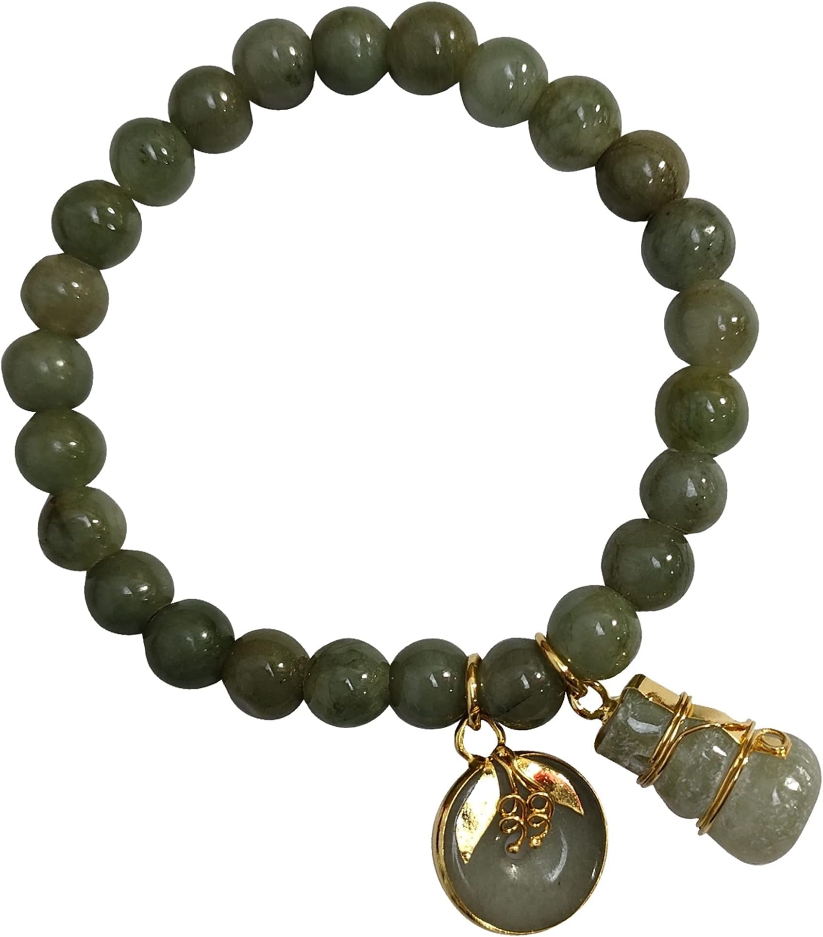 Natural Green Jade Bracelet – Genuine 8 mm Round Gem Bangle with Lucky Donut & Gourd Charms | Prosperity & Money Charm for Women & Teens