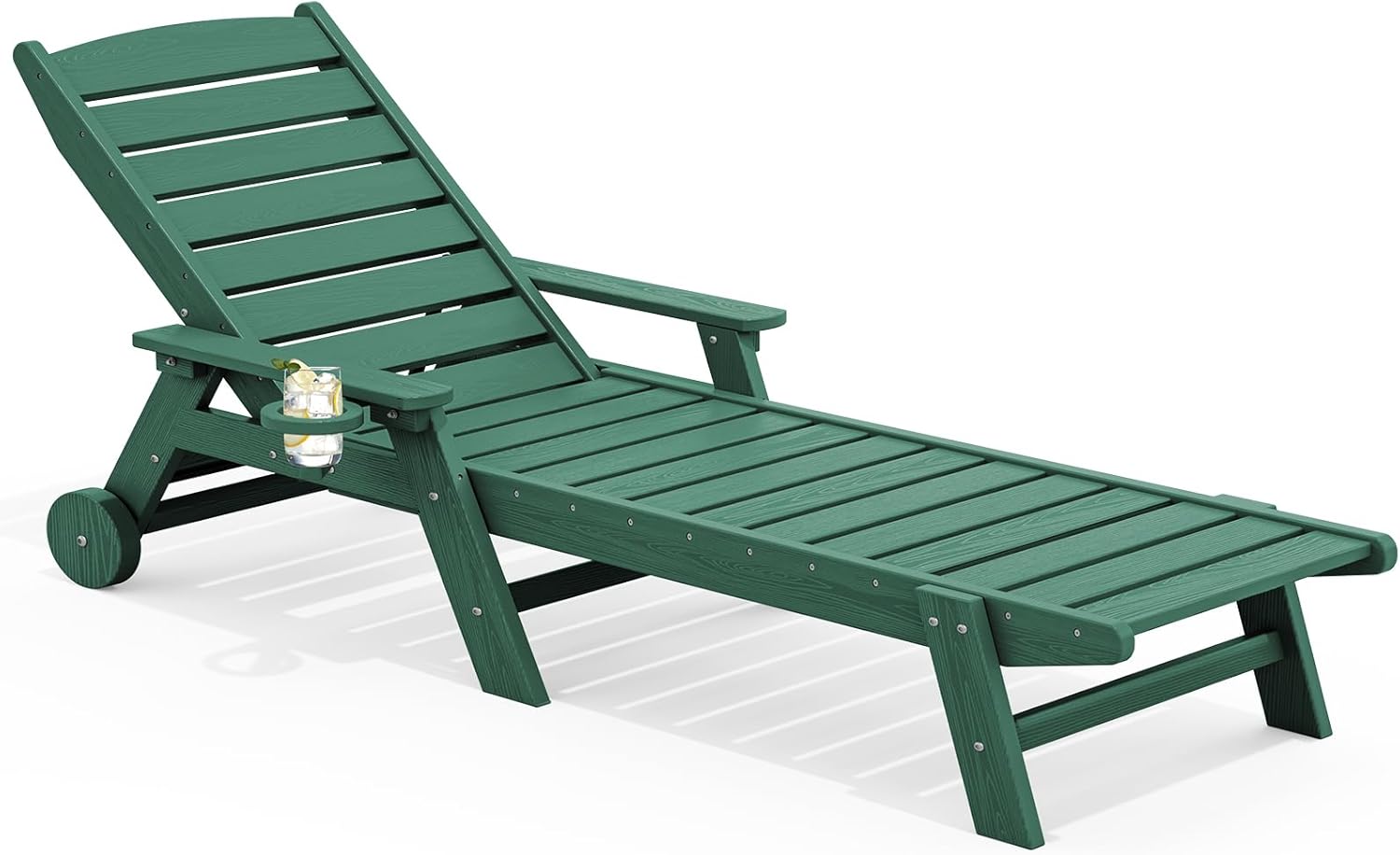 SERWALL Patio Chaise Lounge Chair, 78'' Long HDPE 5 Positions Adjustable Outdoor Lounger, Poly Lounge Chair with Rolling Wheels & Cup Holder for Pool, Dark Green