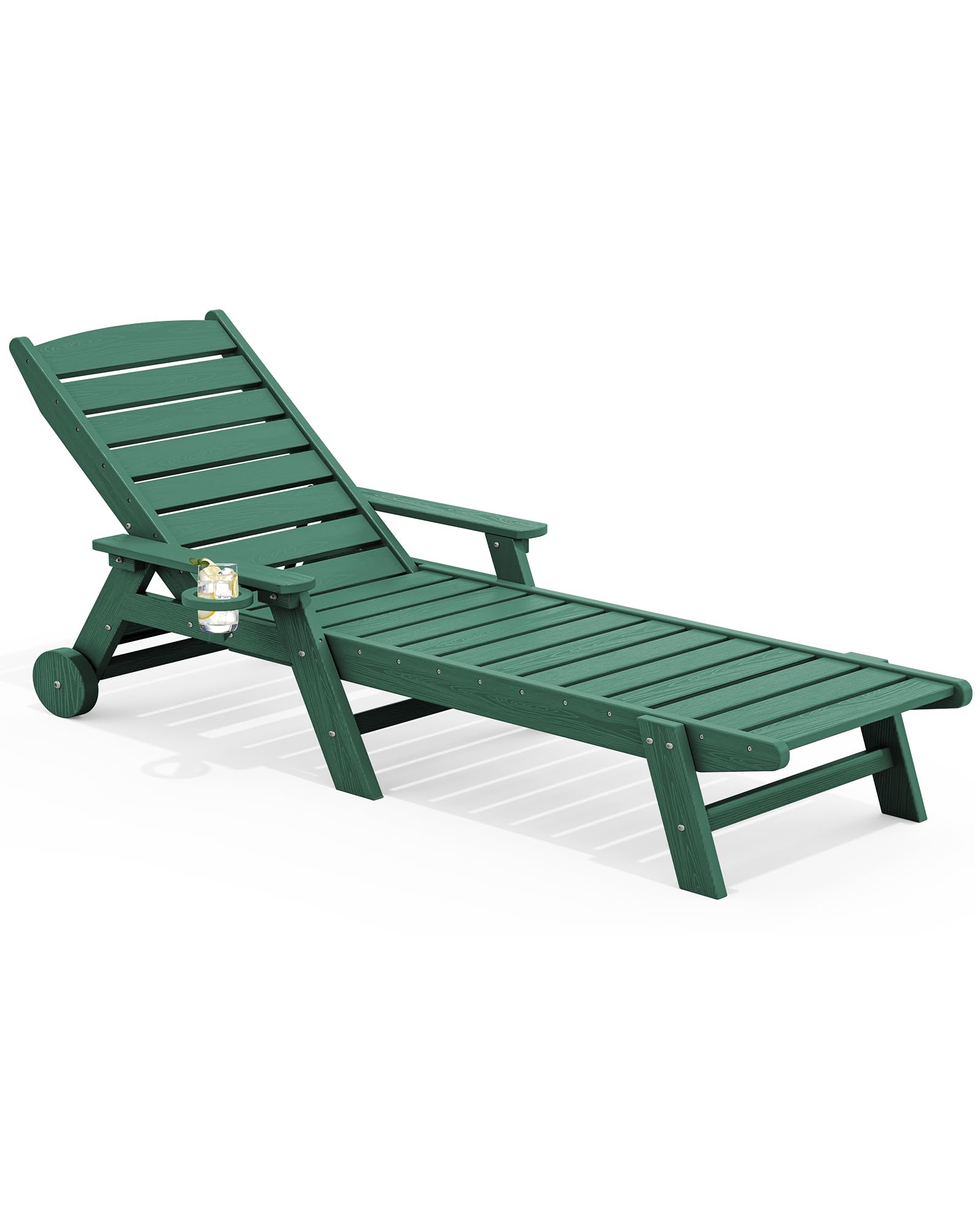 SERWALL HDPE Outdoor Chaise Lounge with Cup Holder, Dark Green