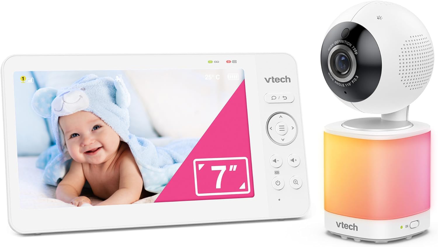 VTech Video Baby Monitor with 7 Inch LCD Colour Screen, Lullabies, Soothing Sounds, Intercom Function, Temperature Sensor, Night Vision, Long Battery Life, Long Range, Without WiFi： 819 Max