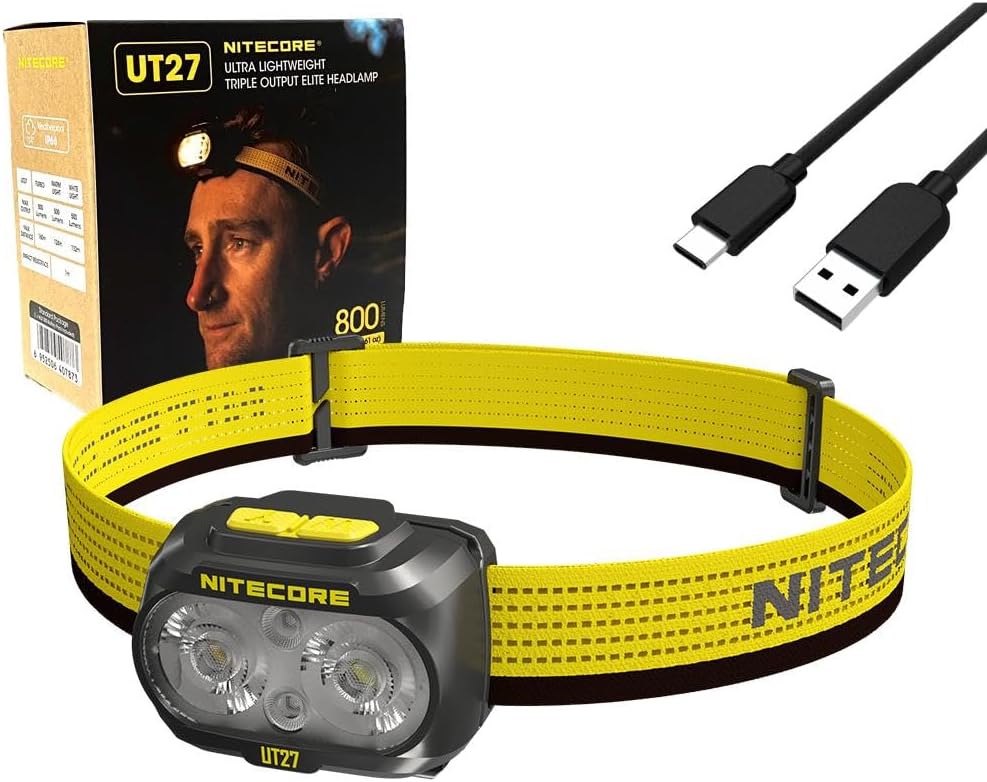 Nitecore UT27 800L Ultra Lightweight Triple Output Headlamp -800 Lumens w/Eco-Sensa USB-C Charging Cable