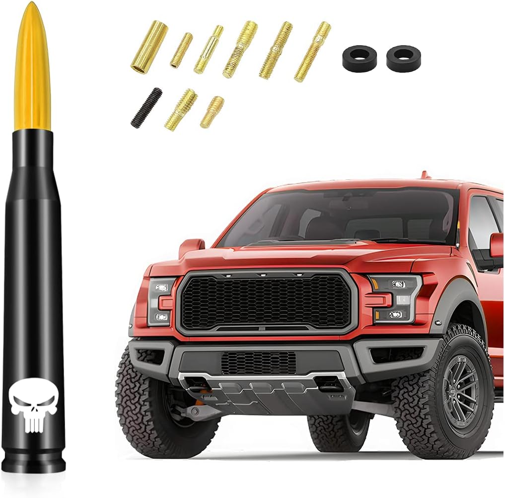 Car Truck Bullet Antenna, 5.5"x0.8" Replacement Short Antenna Mast with Screws Adapter, Skull Design AM/FM Radio Antenna, Automobile Exterior Accessories for Pickup, SUV, Vehicles (Gold)