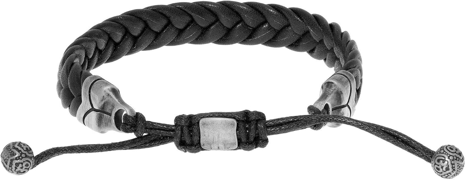 Metro Jewelry Black Adjustable Thick Braided Genuine Leather Bracelet for Men - 8.5 Inches Long 11 mm Wide Pull Lock