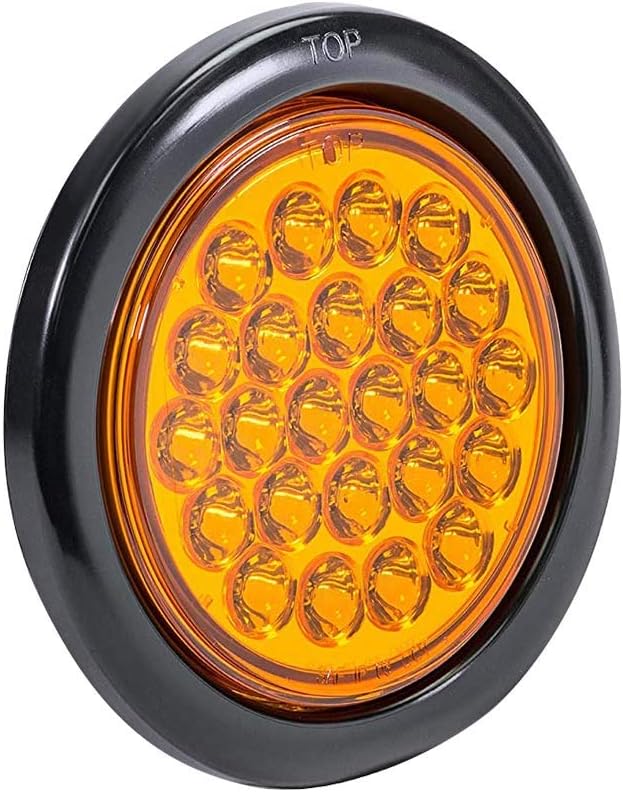 4" Amber LED Trailer Tail Light - Round Truck DOT Certified Park Turn Signal Lights – IP67 Waterproof RV Semi Truck Taillight – 24 Bright LEDs With Colored Lens, Grommet & Plugs Included - 1 Pack