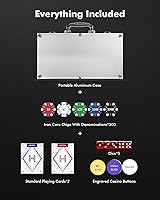 Vista 6 de Juego de fichas de póquer con denominaciones, 300 piezas de 11.5g con números, fichas de casino con 2 barajas, 5 dados y estuche compacto