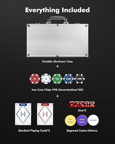 Miniatura 6 de Juego de fichas de póquer con denominaciones, 300 piezas de 11.5g con números, fichas de casino con 2 barajas, 5 dados y estuche compacto de