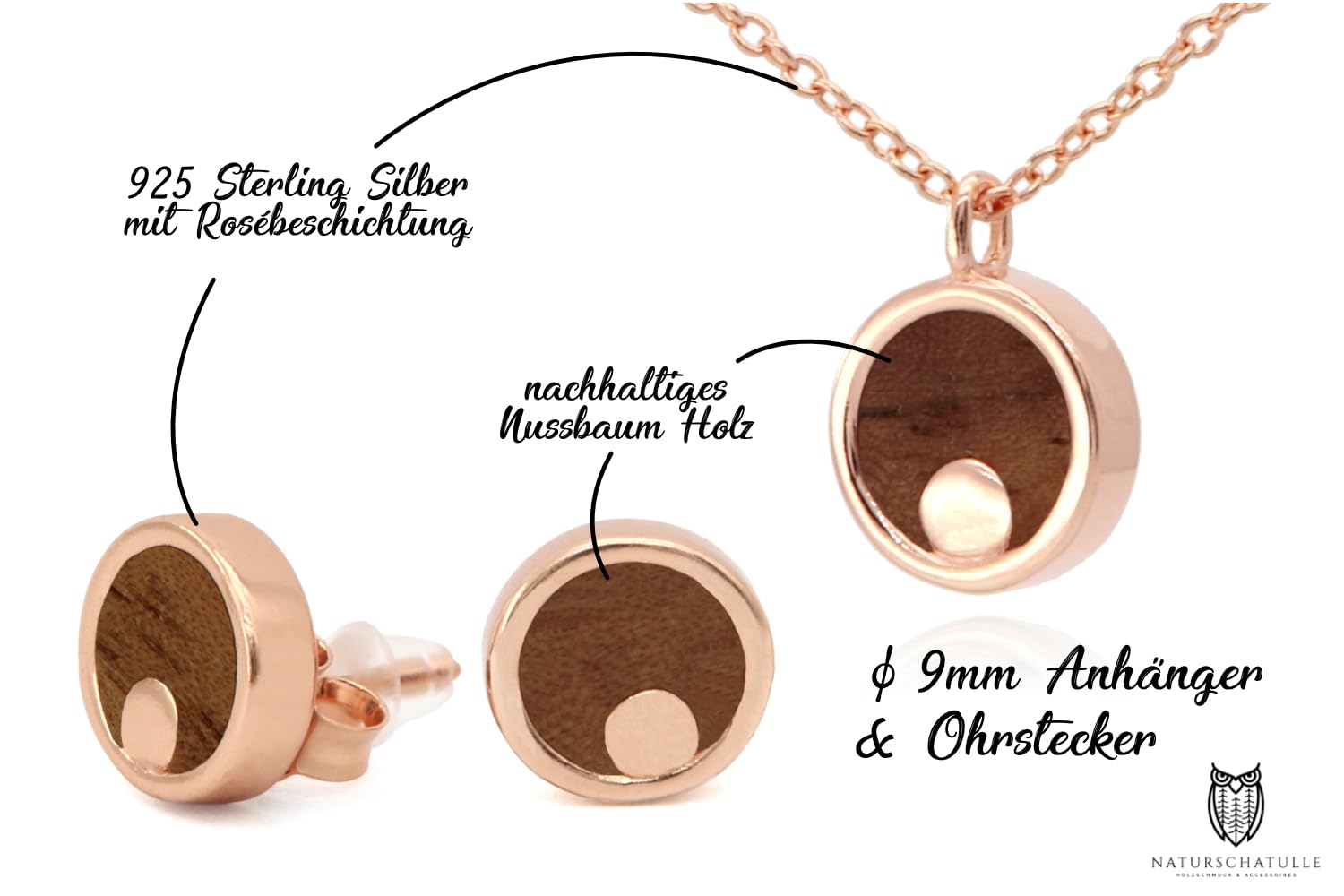 NaturSchatulle Holzschmuck Set Ohrringe Halskette Moonshine 9mm Damen Holzohrringe 925 Silber Rosegold Nussbaum Holz Ohrstecker Schmuck