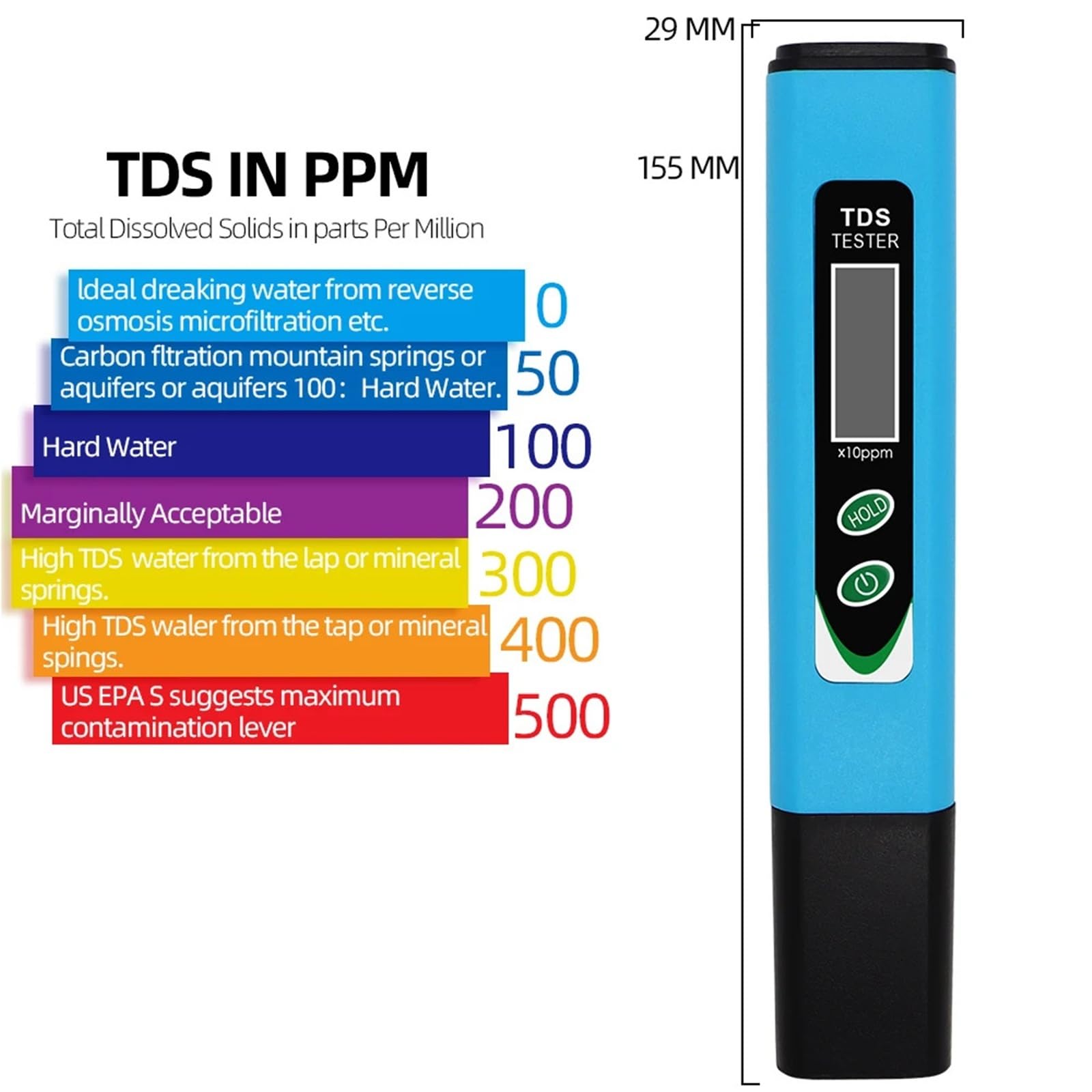 Medidor digital de temperatura TDS (ppm) 0-9990, analizador de calidad del agua de bolsillo, bolígrafo for piscinas, acuarios y agua potable.,Análisis confiable