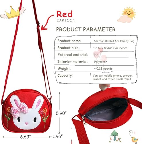 Miniatura 2 de Bolso bandolera de piel sintética para niña, diseño de conejo, con lazo de dibujos animados, Rojo