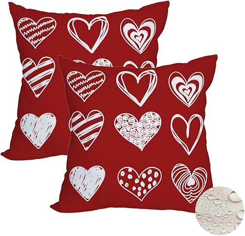 Fukeen Paquete de 2 fundas de almohada impermeables para el día de San Valentín para exteriores, 22 x 22 pulgadas, color blanco, rojo, corazón,