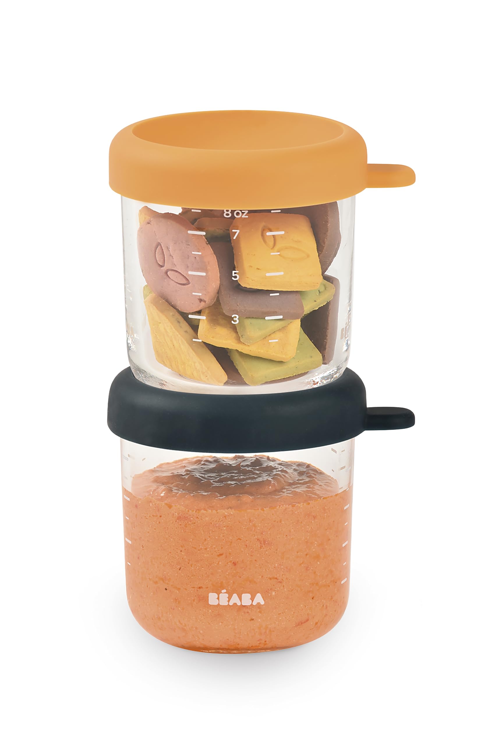 Beaba Glass Storage Jar, Baby Food Container, Made with BPA-Free Materials, Thermal Shock Resistant, Airtight Lid, Dishwasher and Freezer Safe, 250ml, Set of 2, Night Blue/Honey Colour