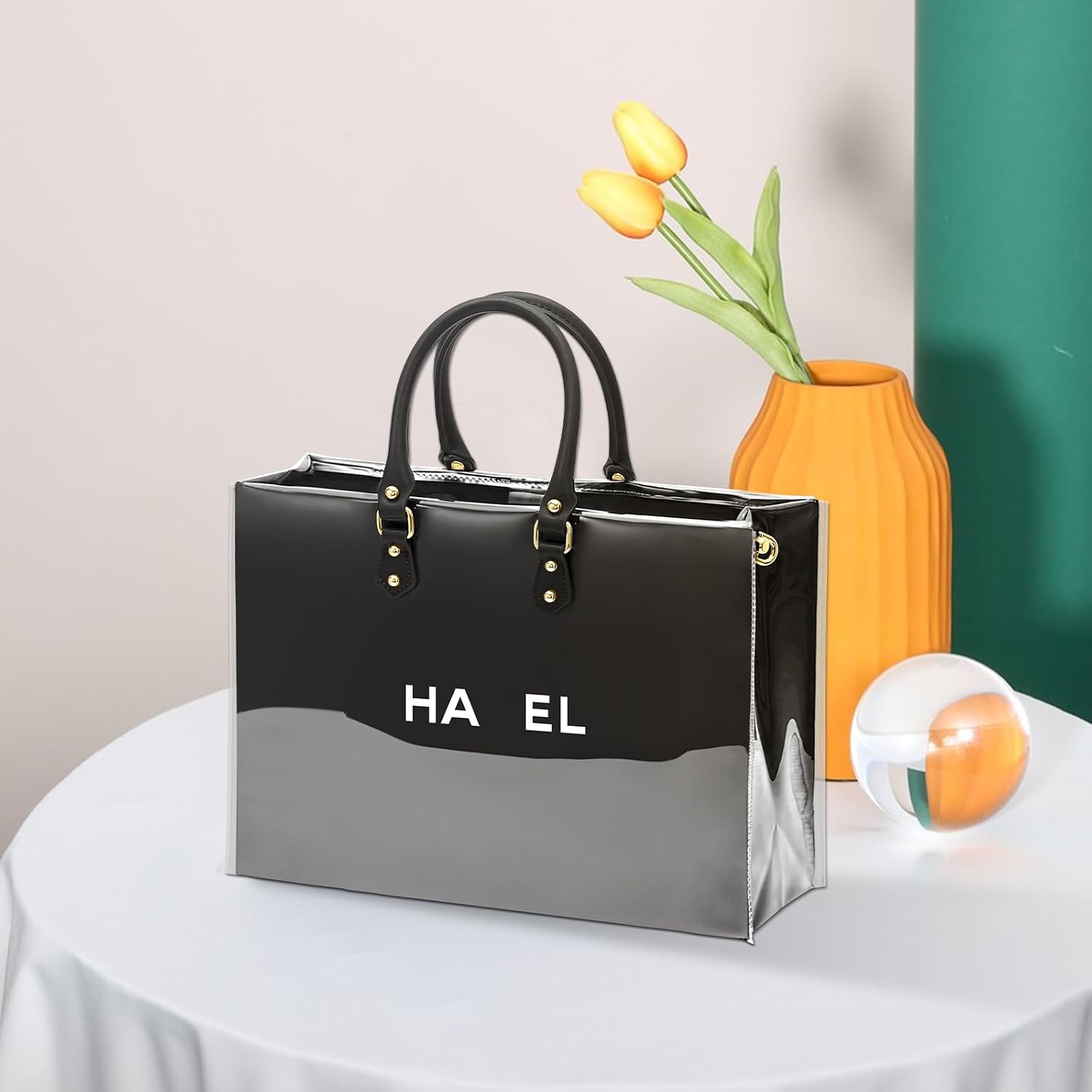 KTNGY Clear TPU Tote Bag DIY Kit - Luxury Paper Bag Purse Making Kit Compatible with Chanel Shopping Bags with Leather Handles, Base Plate & Hardware, Upcycled Handbag Making Supplies (Black-M)