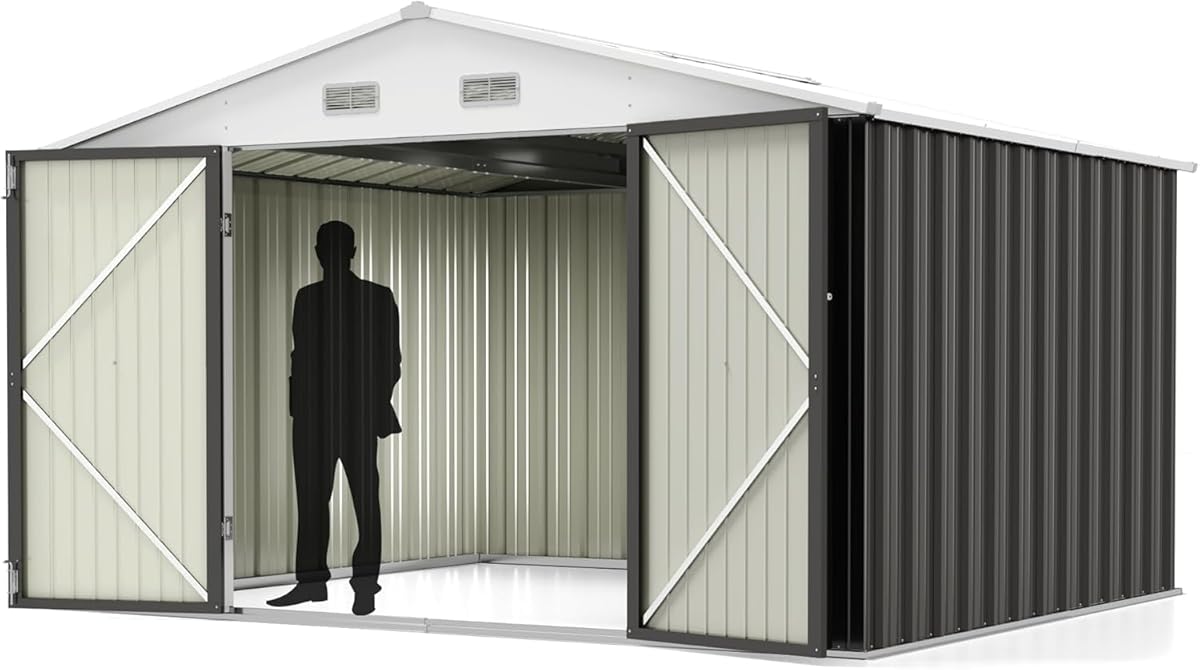 Greesum 10x8FT Outdoor Storage Shed, Utility Tool Shed Metal Storage Garden Shed with Door & Lock for Patio Storage, Gray