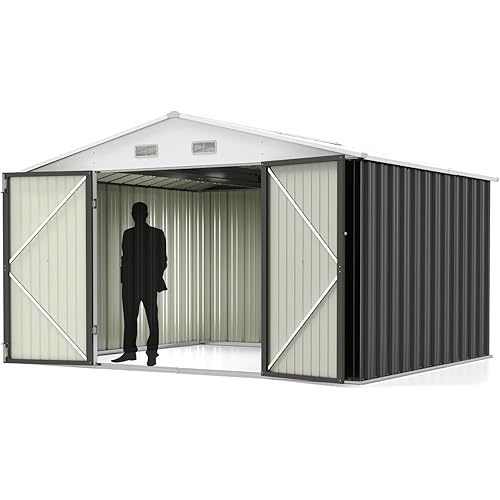 Greesum 10x8FT Outdoor Storage Shed, Utility Tool Shed Metal Storage Garden Shed with Door & Lock for Patio Storage, Gray