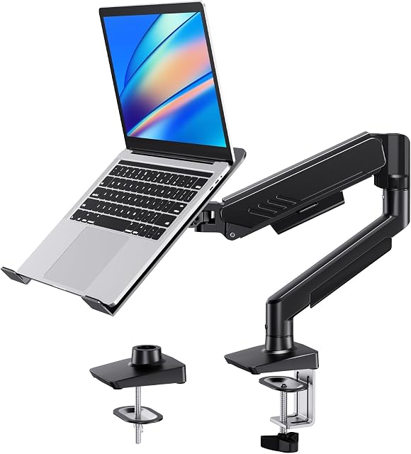 HUANUO 2 in 1 Function Laptop Mount with Tray, Fits 13-34″ Monitors & Up to 17″ Notebook, Ergonomic Laptop Arm with Full Motion Adjustment, Pre-Assembled for Easy Setup, VESA 75x75mm/100x100mm