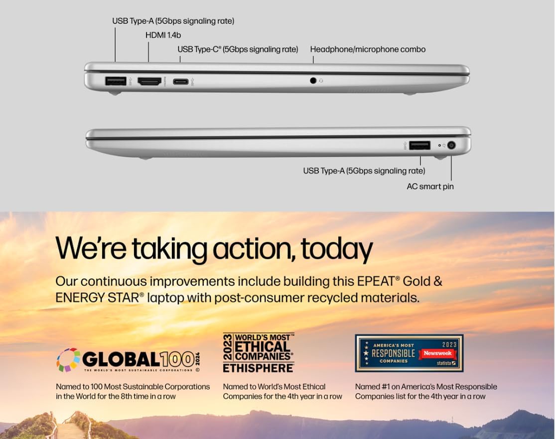 Side view of the HP Pavilion laptop showing its various ports: USB Type-A, HDMI, USB-C, headphone/microphone combo jack, and AC smart pin.