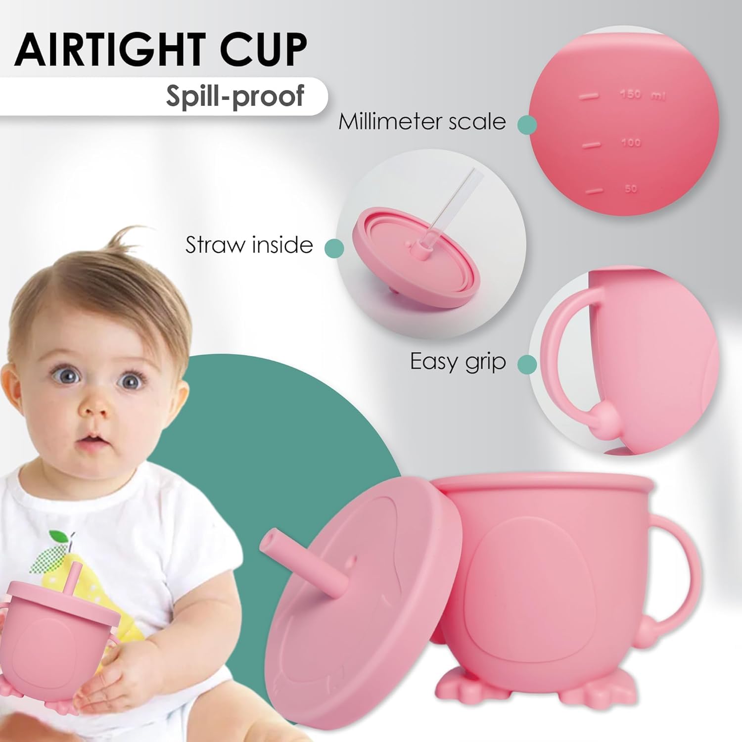 QLECT BPA Free Silicone Baby Feeding Set | Microwave Safe | Complete Set for Feeding & Baby Training | Anti-Slip Base | Babies & Toddlers with Suction Plate Bowl Cup Spoon Fork & Bib (Pink) 3