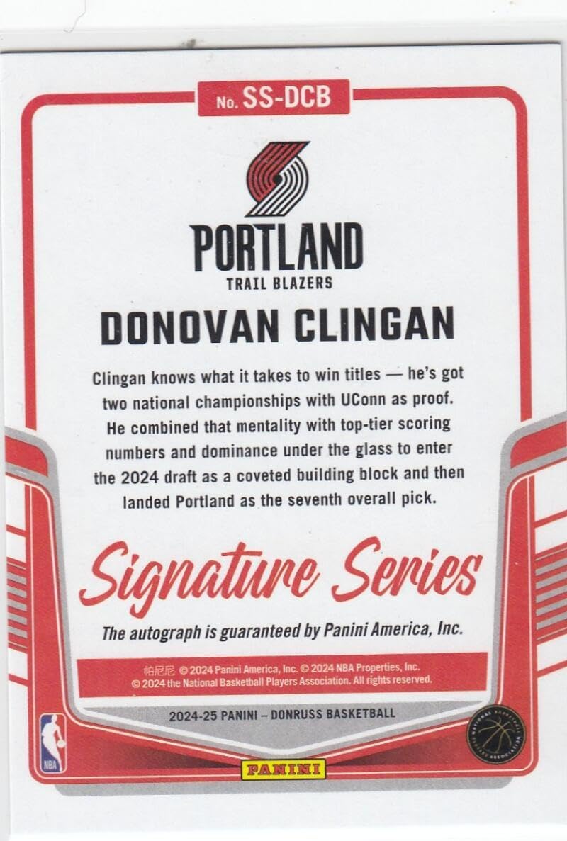 Basketball Trading Card 2024-25 Donruss Signature Series Holo Green Laser #68 Donovan Clingan EX/NM Auto 22/75 Blazers