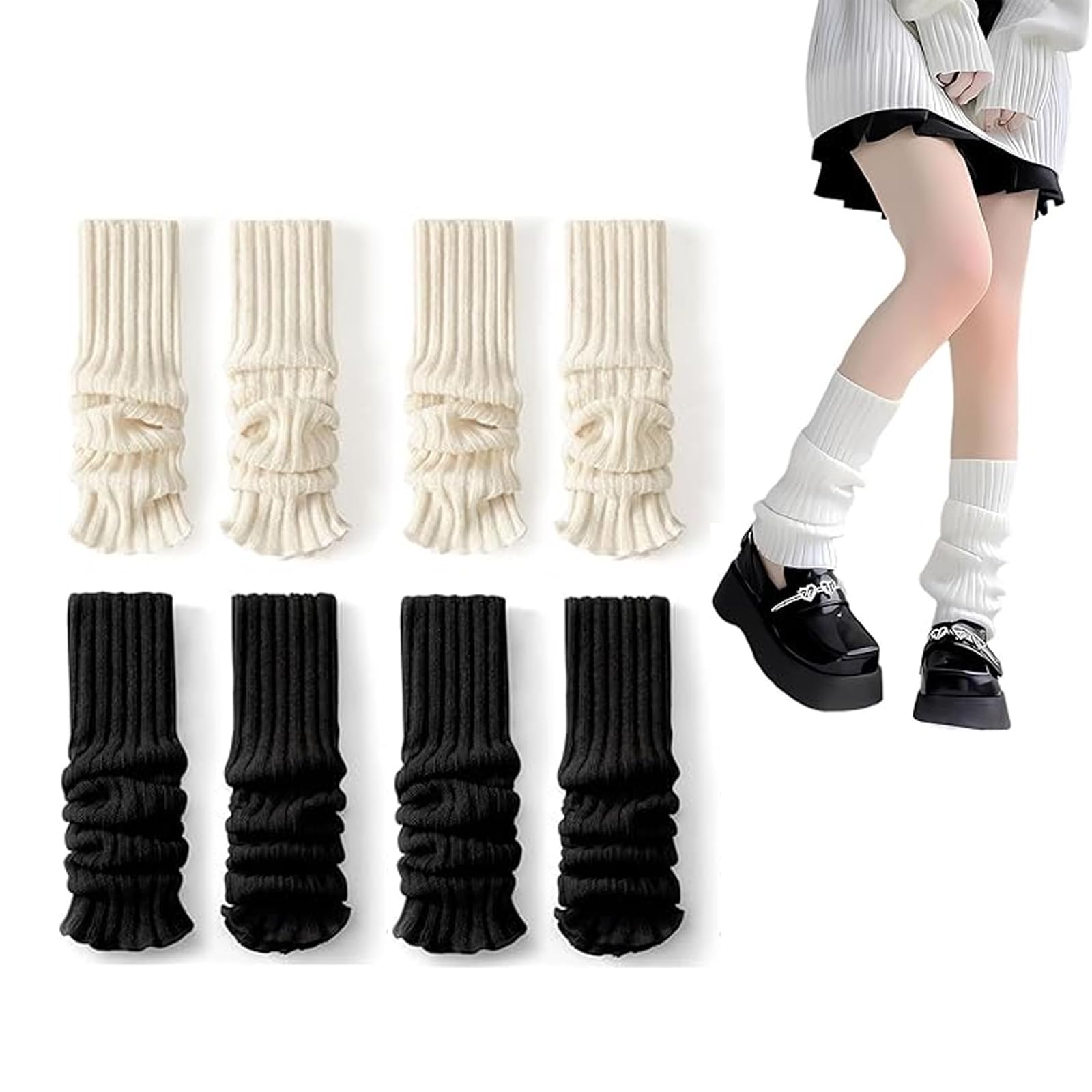 BYTLEOUTJ 4 Pairs White Black Leg Warmers 80s Y2k Ribbed Knit Legwarmers for Women Girls Ladies Leg Warmer UK Womens Fashion Ankle Warmers for Ballet Yoga Dance Ice Skating(40cm)
