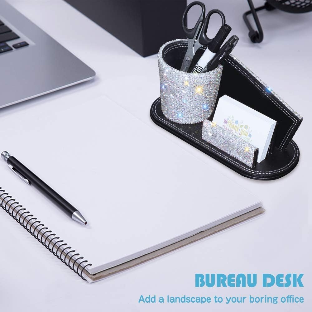 KEYPOWER Pen Pencil Holder Business Name Cards Decorative Bling Crystal Rhinestone PU Leather Gift for Women Girls (White)